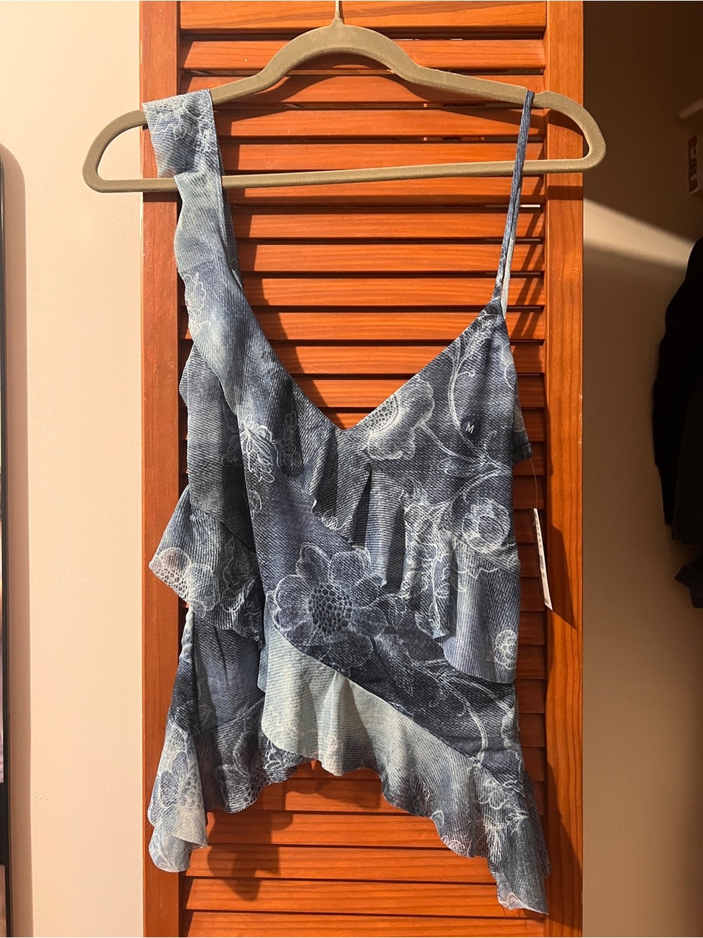 Blue Ruffle Asymmetrical Tank Top - Picture 3 of 6